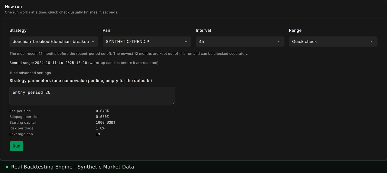 Research Lab run form: strategy file, pair, interval and range preset, strategy parameters, and the fee, slippage, starting capital, risk and leverage policy applied to every run.